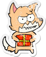 distressed sticker of a cartoon grinning fox with present png
