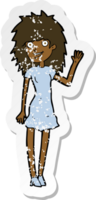 retro distressed sticker of a cartoon happy woman waving png