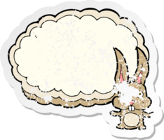 autocollant rétro en détresse d'un lapin de dessin animé avec un nuage d'espace de texte png