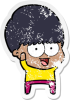 distressed sticker of a happy cartoon boy waving png