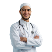 Muslim male healthcare worker doctor on transparent background png