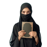 en ung muslim kvinna med helig bok på transparent bakgrund png