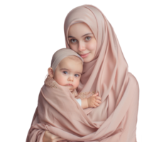 Happy muslim mother wearing scarf with her baby png