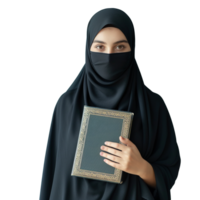 A young muslim woman with holy book on transparent background png