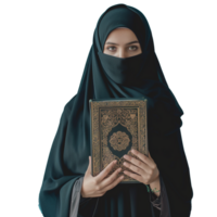 ein jung Muslim Frau mit heilig Buch auf transparent Hintergrund png