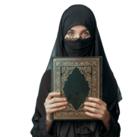 A young muslim woman with holy book on transparent background png