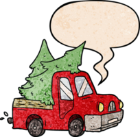 cartoon pickup truck carrying christmas trees with speech bubble in retro texture style png