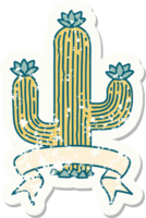 worn old sticker with banner of a cactus png