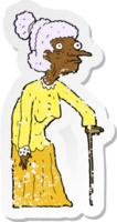 retro nödställd klistermärke av en tecknad gammal kvinna png