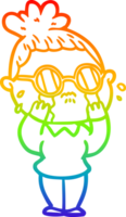 rainbow gradient line drawing of a cartoon crying woman wearing spectacles png