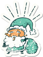 worn old sticker of a tattoo style santa claus christmas character with sack png