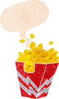 cartone animato scatola di Popcorn con discorso bolla nel grunge afflitto retrò strutturato stile png