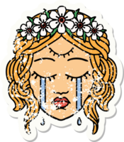 bedrövad klistermärke tatuering i traditionell stil av kvinna ansikte med tredje öga och krona av blommor cyring png