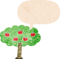 desenho animado maçã árvore com discurso bolha dentro grunge angustiado retro texturizado estilo png