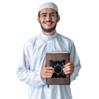 A young muslim man holding holy book on transparent background png