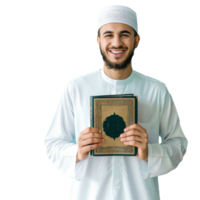 A young muslim man holding holy book on transparent background png