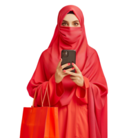 een moslim vrouw vervelend een hijaab, met boodschappen doen Tassen, zwart vrijdag uitverkoop en cyber maandag online. png