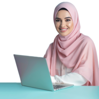 Hijab muslim business woman with laptop isolated transparent png