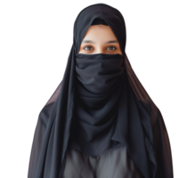 Portrait of a veiled islamic woman wearing black hijab isolated on transparent background png