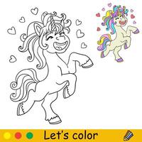 Kids coloring with cute dreaming unicorn with hearts vector