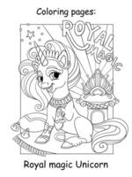 Coloring unicorn and lettering royal magic vector