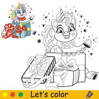 Kids coloring cute unicorn with gifts vector