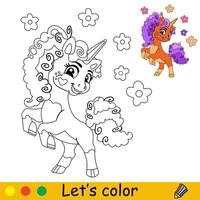niños colorante linda unicornio con flores vector