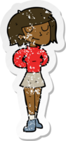 retro distressed sticker of a cartoon pleased woman png