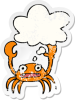 cartoon crab with thought bubble as a distressed worn sticker png