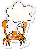 tekenfilm krab met gedachte bubbel net zo een verontrust versleten sticker png