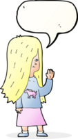 tekenfilm meisje met pony overhemd golvend met toespraak bubbel png