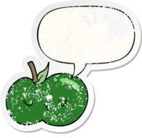 cartoon cute apple with speech bubble distressed distressed old sticker png