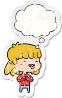 cartoon girl sticking out tongue with thought bubble as a distressed worn sticker png