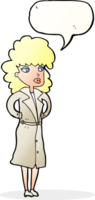 cartone animato donna nel trincea cappotto con discorso bolla png