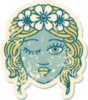 iconic distressed sticker tattoo style image of a maidens face winking png