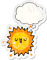 cartoon sun with thought bubble as a distressed worn sticker png