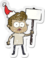 hand drawn distressed sticker cartoon of a staring man wearing santa hat png