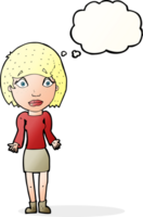 cartoon woman shrugging shoulders with thought bubble png