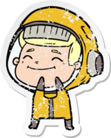 distressed sticker of a happy cartoon astronaut png