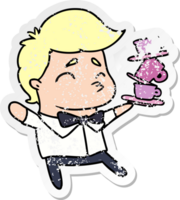 distressed sticker cartoon illustration of a kawaii cute waiter png