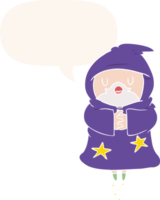 cartoon floating wizard with speech bubble in retro style png