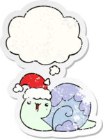 cute cartoon christmas snail with thought bubble as a distressed worn sticker png