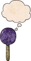 cartoon lollipop with thought bubble in grunge texture style png