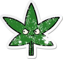 pegatina angustiada de una linda hoja de marihuana de dibujos animados png