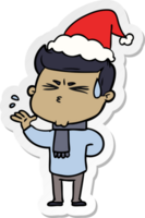 main tiré autocollant dessin animé de une homme transpiration portant Père Noël chapeau png