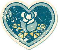 iconic distressed sticker tattoo style image of a heart and flowers png