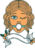 traditional tattoo with banner of a winking female face wearing ball gag png