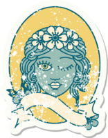 worn old sticker with banner of a maiden with crown of flowers winking png