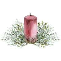 Christmas evergreen pine branches with red candle composition. Hand drawn new year arrangement, traditional winter decor for greeting card, gift, packing. Omela, pine tree, floral for invitation png