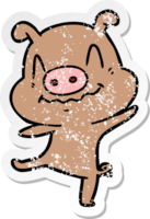 distressed sticker of a cartoon drunk pig png